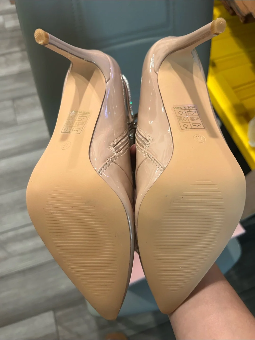 Nude Patent Rhinestone Buckle Ankle Bootie